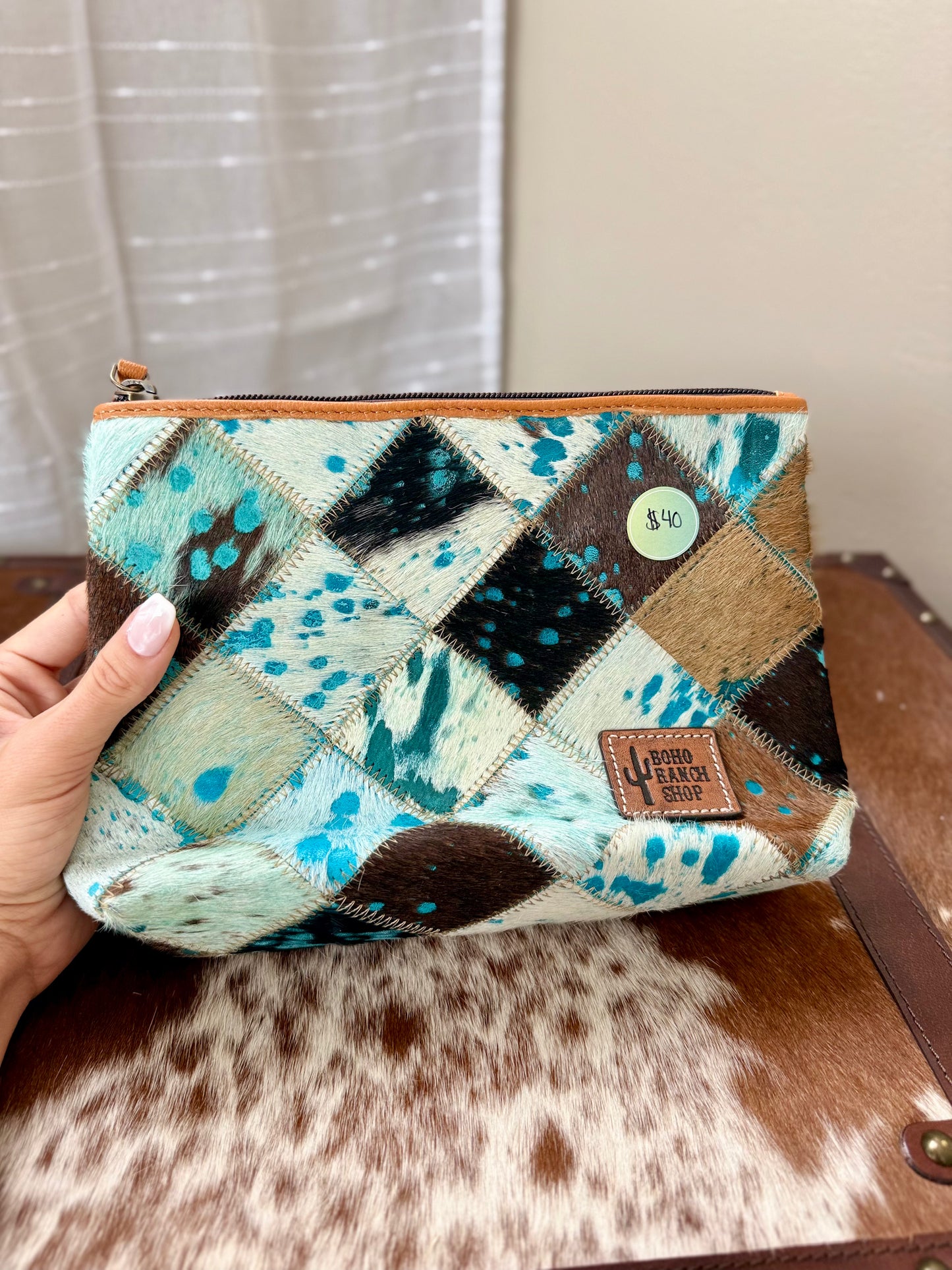 Blue and mixed cowhide makeup-bag