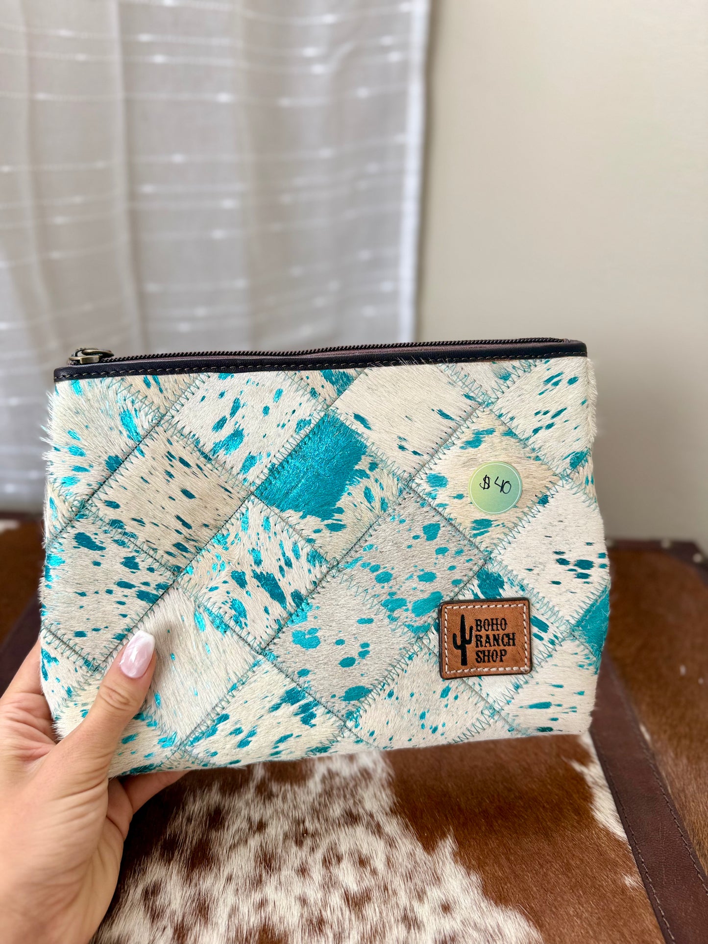 Blue and white cowhide makeup-bag